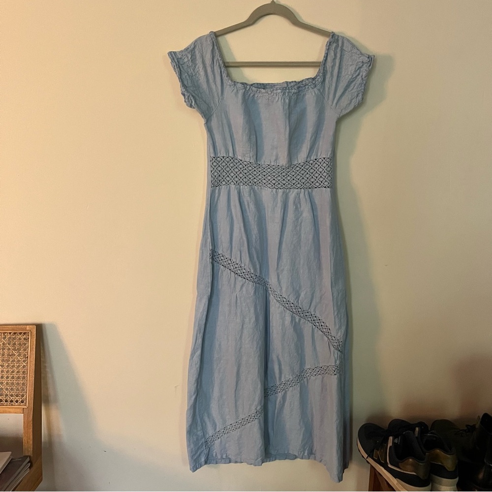 Baby Blue Eyelet Detail Elegant Milkmaid Style Dress
